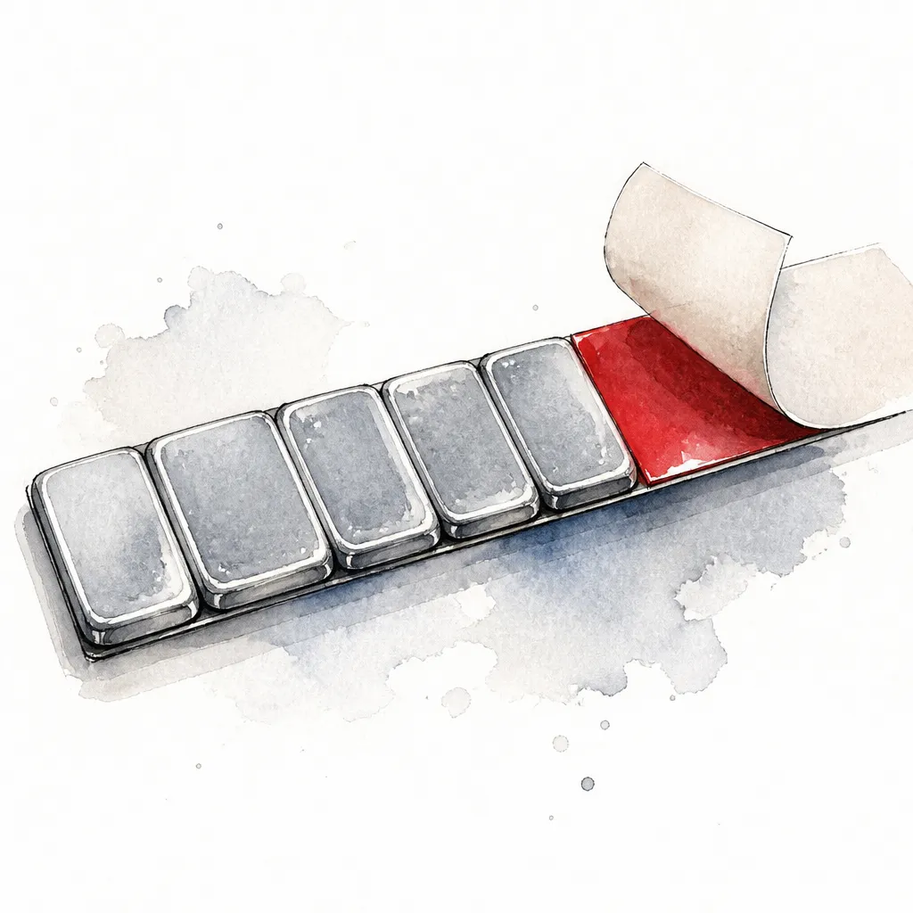 Watercolour close-up of a strip of adhesive wheel weights with backing paper half peeled.