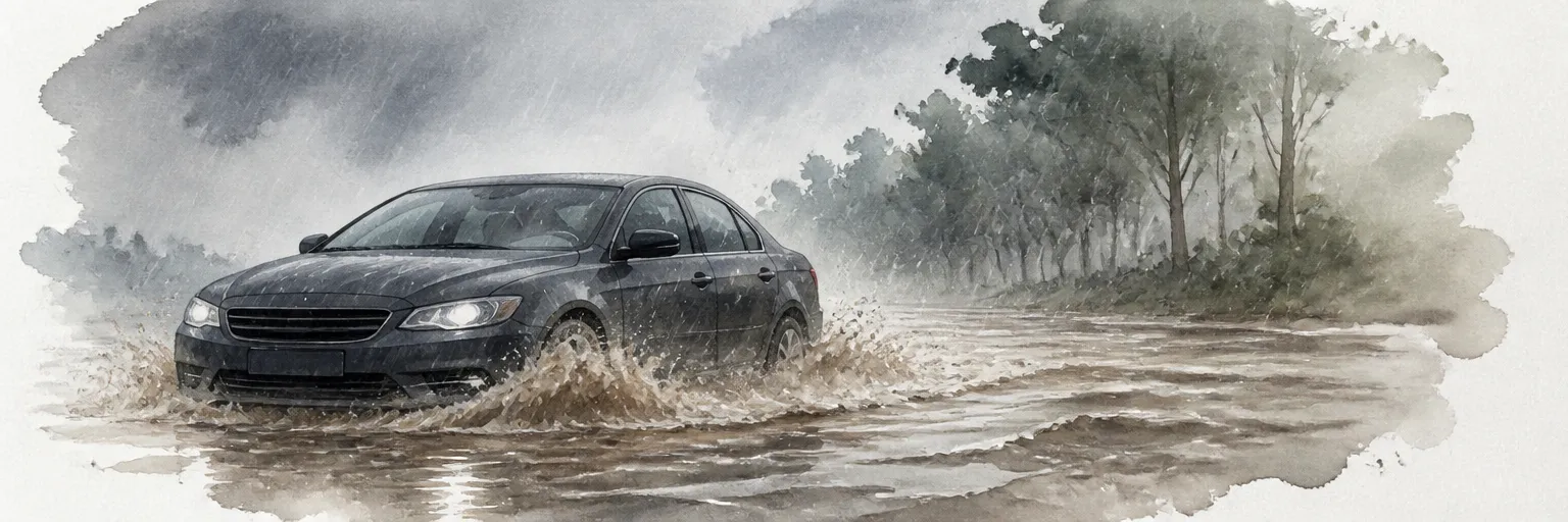 Watercolour illustration of a dark car crossing a flooded road with water washing over its hubs.