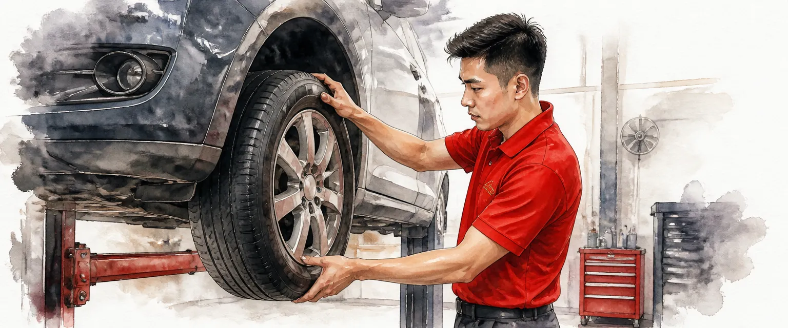 Watercolour illustration of a technician checking a raised wheel for bearing play in a workshop.
