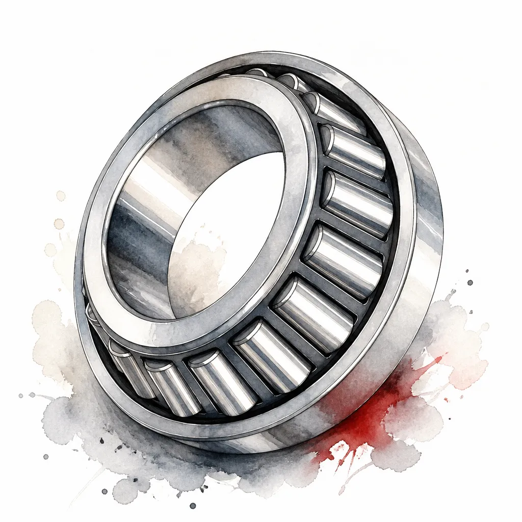 Watercolour close-up of a tapered roller wheel bearing.
