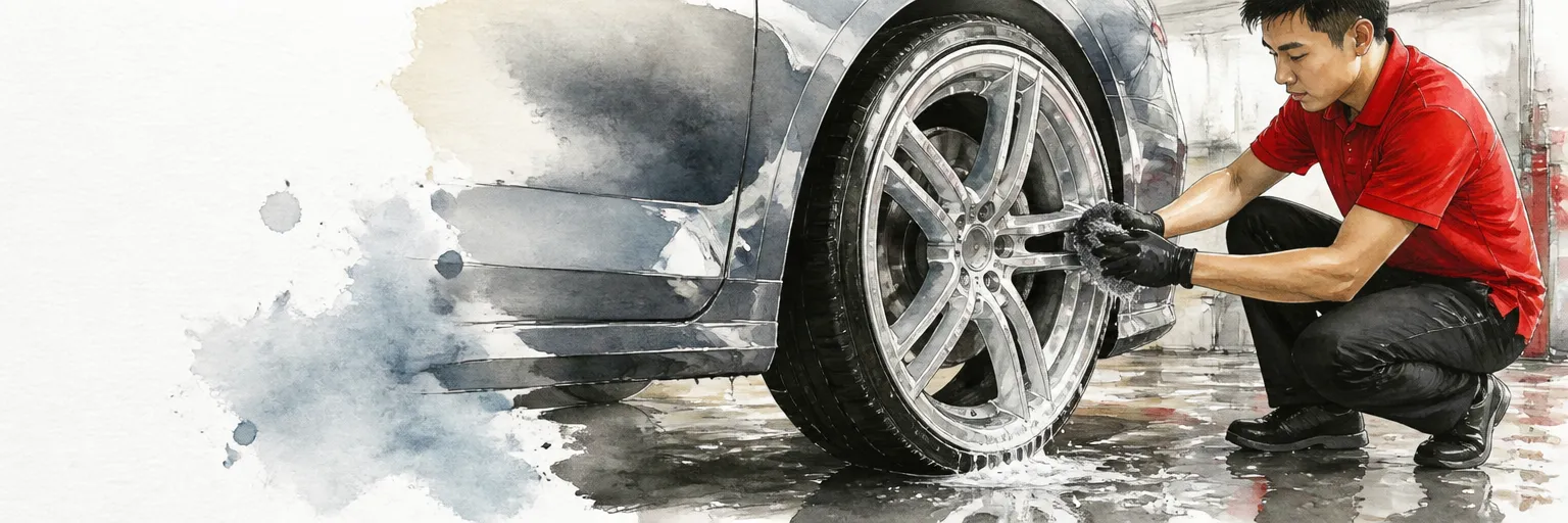 Watercolour illustration of a freshly cleaned alloy wheel with its barrel as bright as its face.