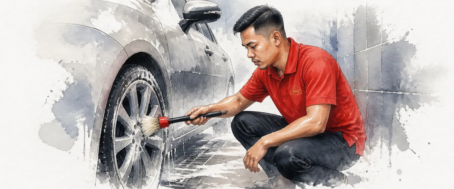 Watercolour illustration of a technician cleaning between wheel spokes with a long soft brush.