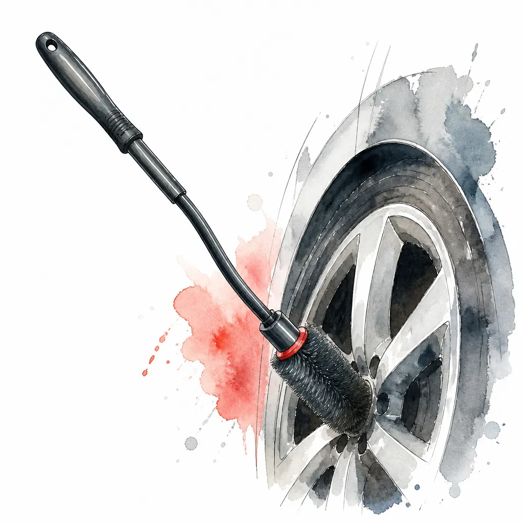 Watercolour close-up of a long flexible wheel brush with a soft bristle head.