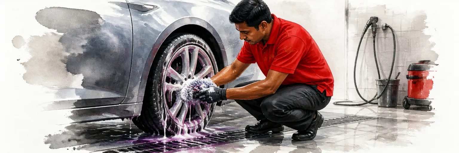 Watercolour illustration of a technician cleaning a wheel face with a dedicated mitt in a wash bay.