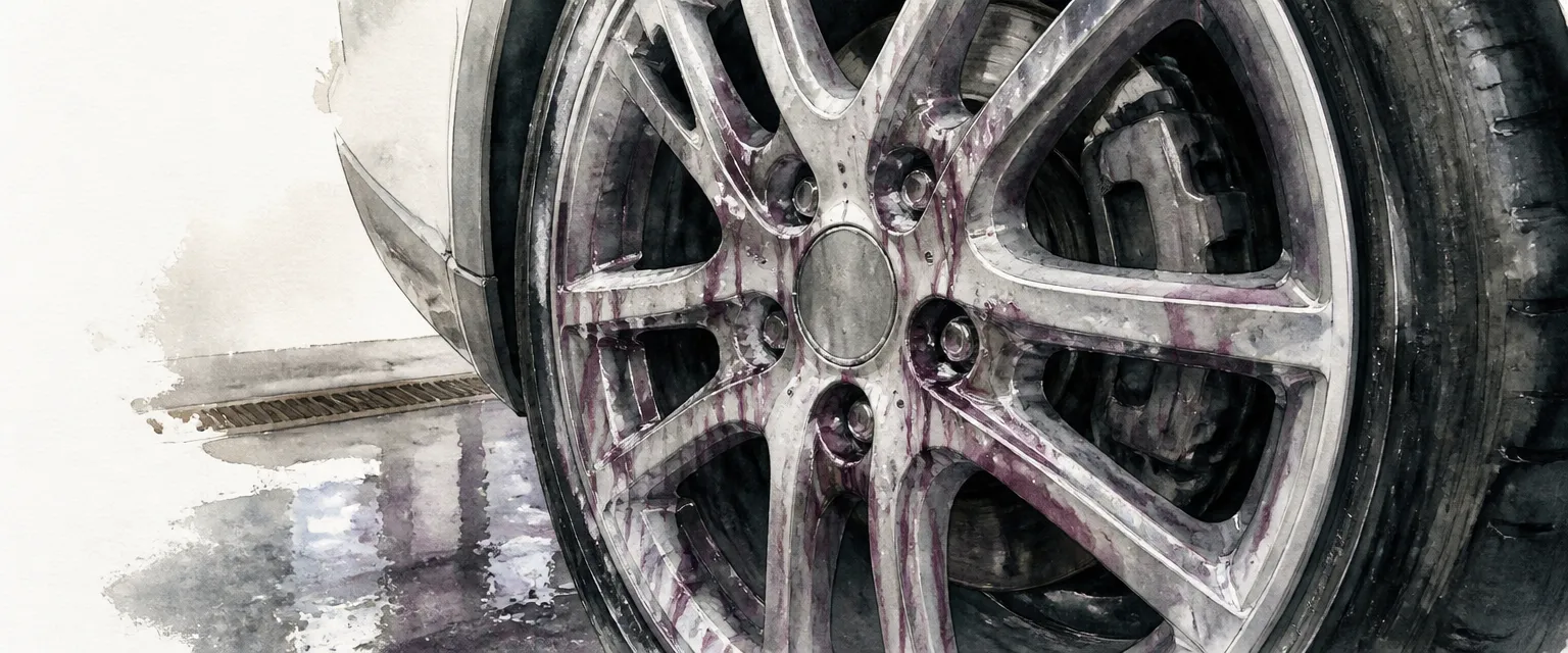 Watercolour close-up of wheel cleaner dissolving brake dust into purple runs on an alloy wheel.