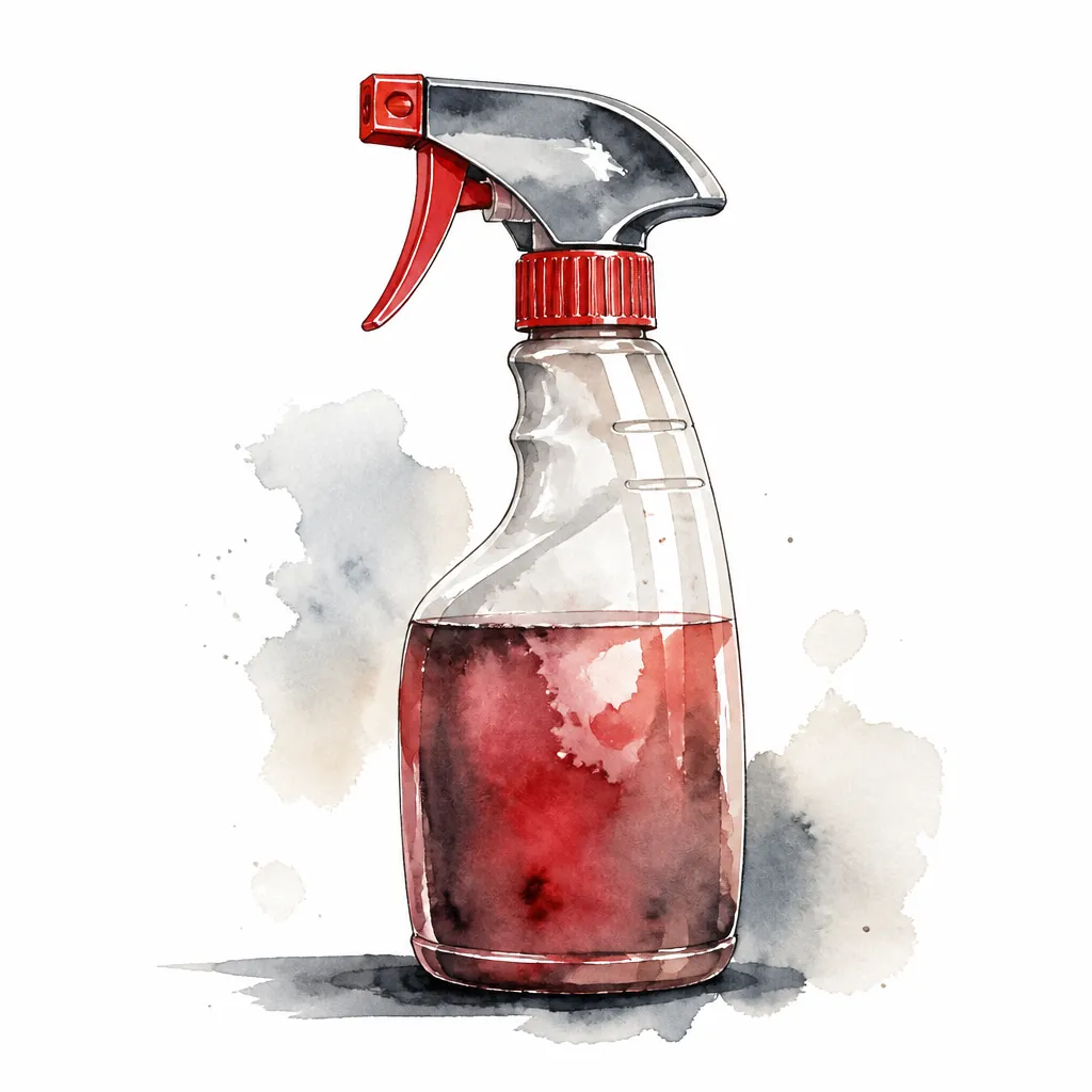 Watercolour close-up of a wheel cleaner spray bottle with an angled trigger.