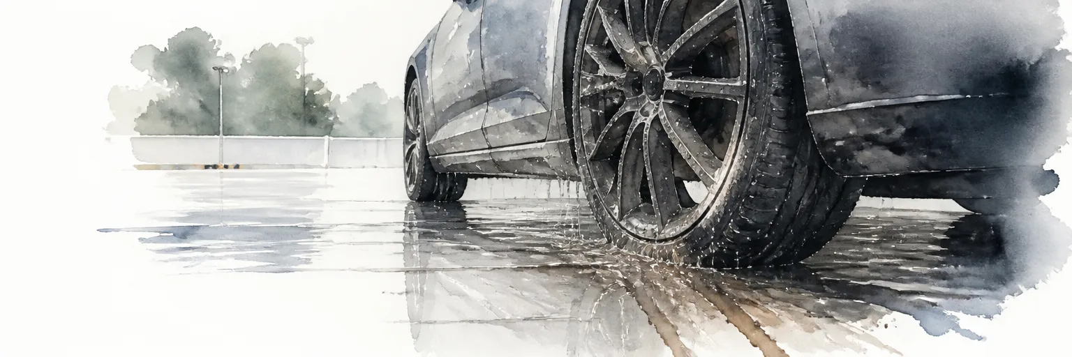 Watercolour illustration of rain beading on the coated spokes of a dark alloy wheel.