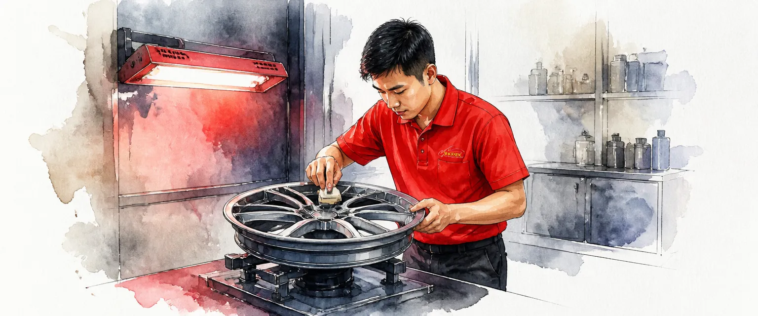 Watercolour illustration of a technician coating the face of an alloy wheel mounted on a stand.