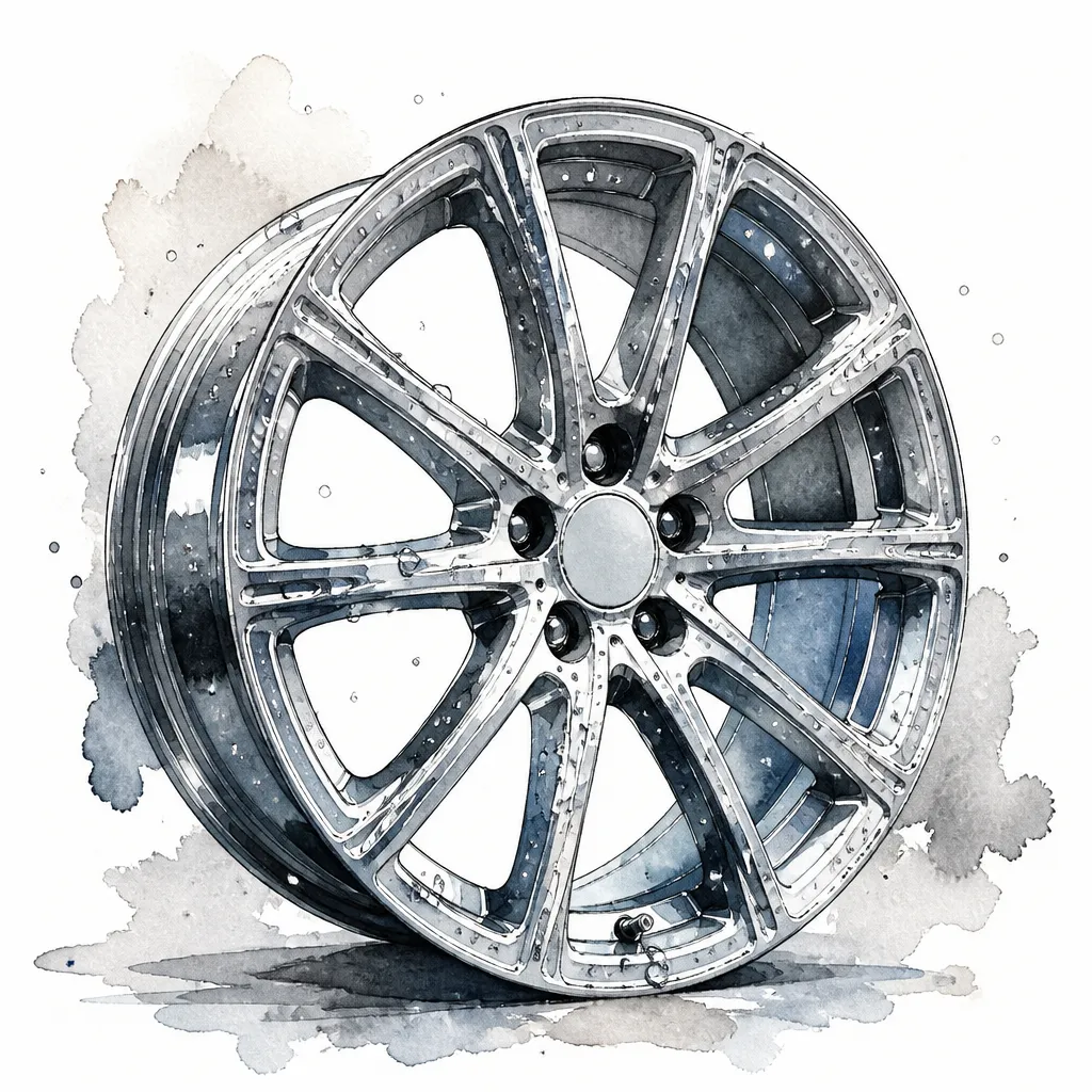 Watercolour close-up of a coated alloy wheel with water beads across its spokes.