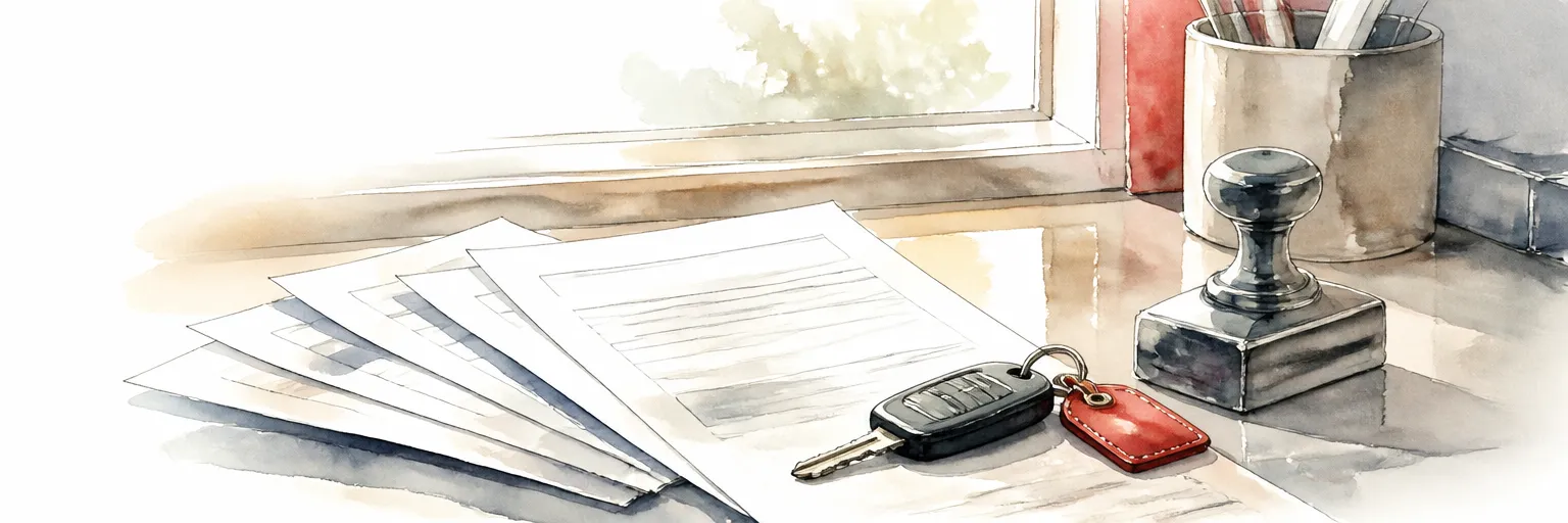 Watercolour illustration of claim documents fanned beside a car key and a metal desk stamp.