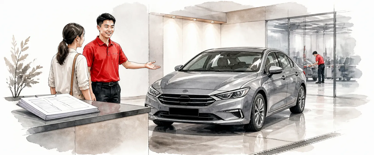 Watercolour illustration of a repaired car gleaming in a workshop reception beside abstract claim paperwork.