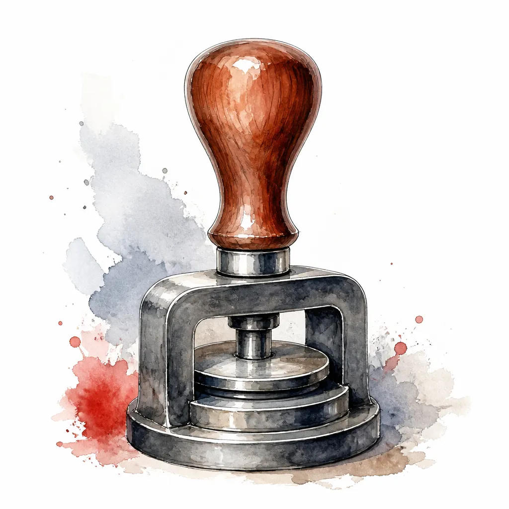 Watercolour close-up of a metal embossing stamp with a wooden handle.