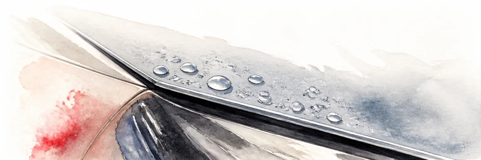 Watercolour close-up of protection film wrapping over a bonnet lip into the panel gap.