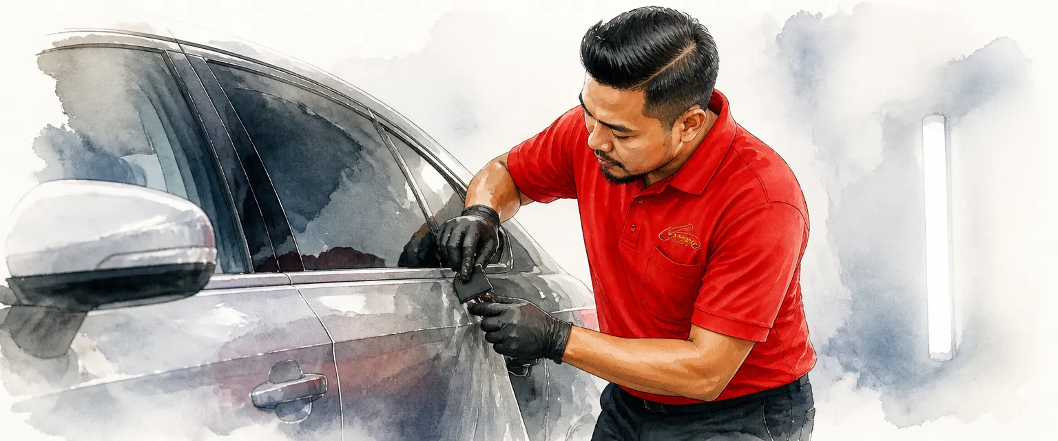 Watercolour illustration of a technician tucking clear protection film into a car door edge with a squeegee.