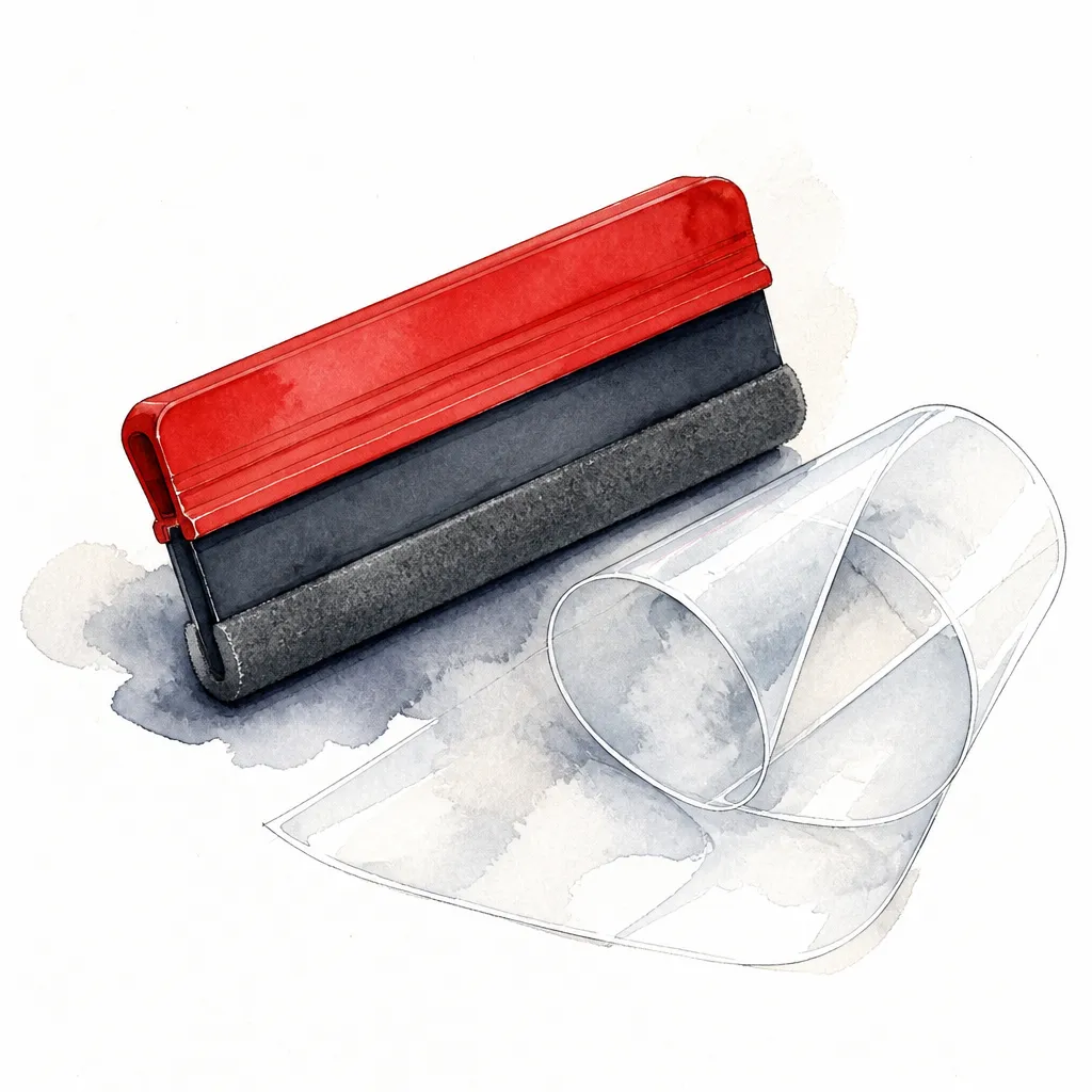 Watercolour close-up of a squeegee beside a curl of clear protection film.