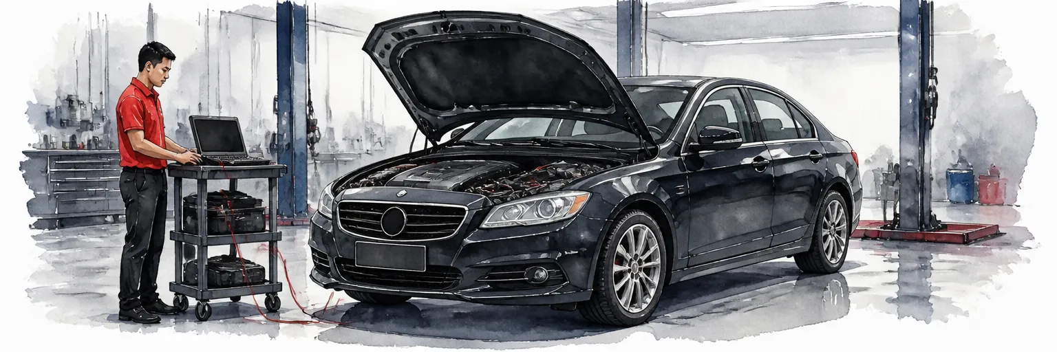 Watercolour illustration of a diagnostic cable draped across an engine bay toward an equipment trolley.
