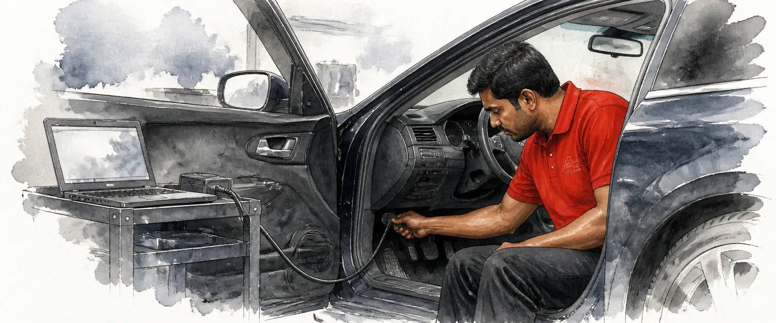 Watercolour illustration of a technician connecting diagnostic equipment beneath the dashboard of a European saloon.