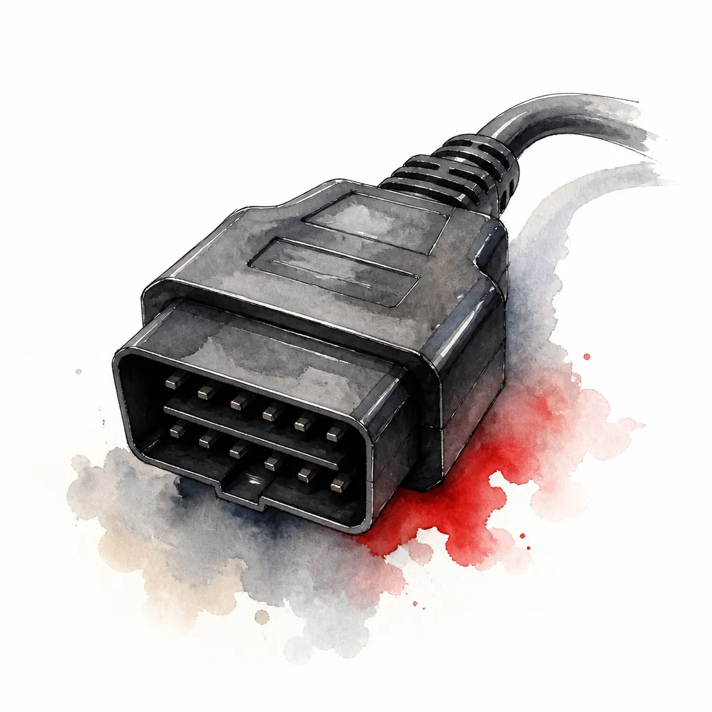 Watercolour close-up of a diagnostic connector plug with ribbed cable.