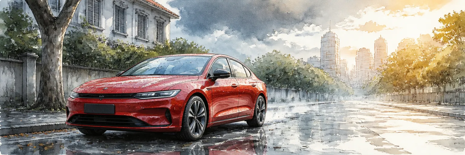Watercolour illustration of a coated red car beading water as rain gives way to sun on a Singapore street.