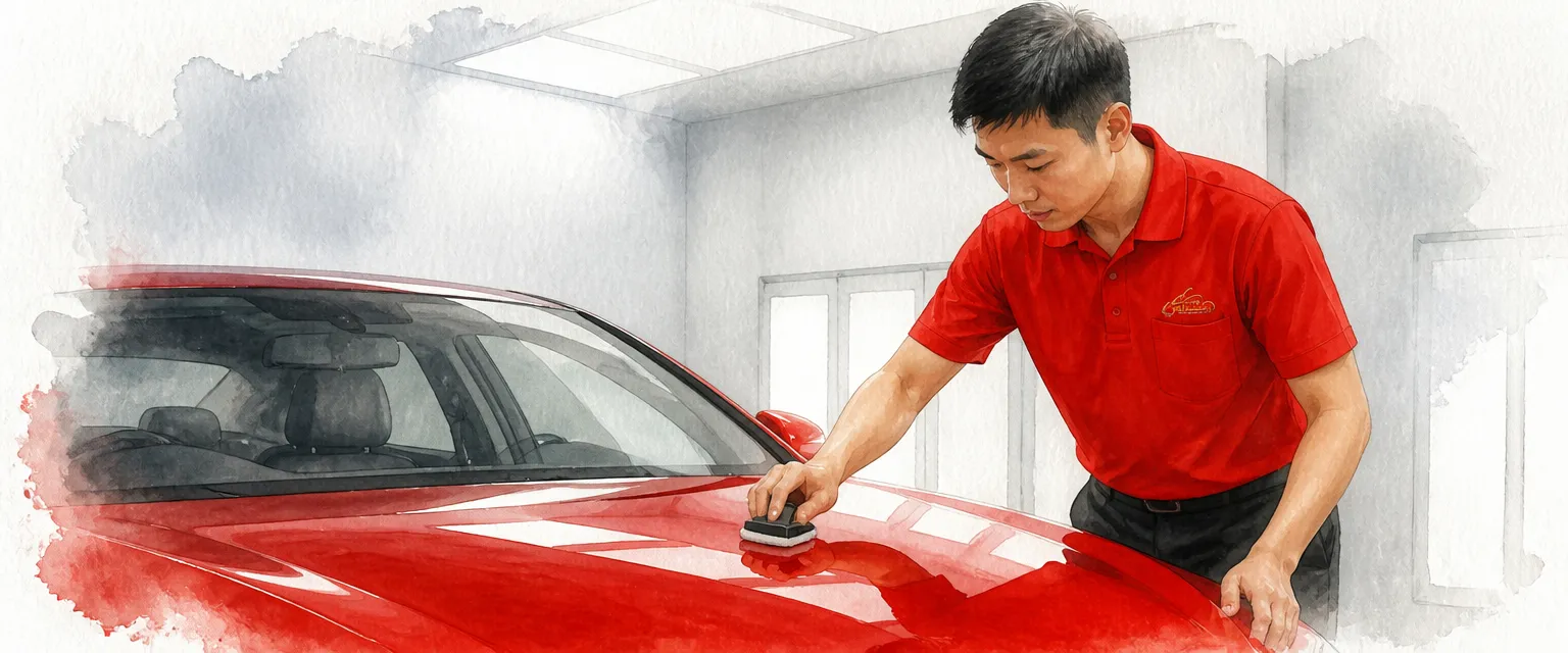 Watercolour illustration of a technician hand applying ceramic coating to a deep red bonnet in a coating bay.