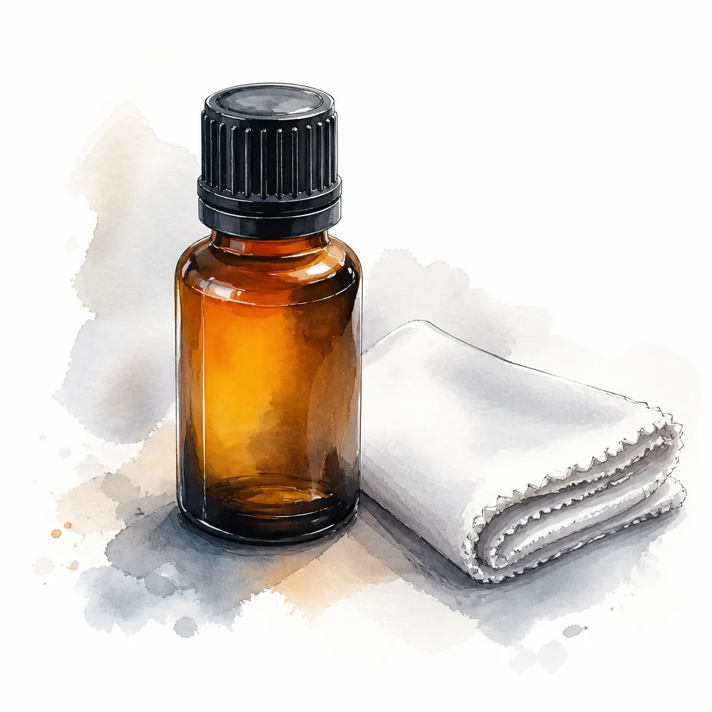Watercolour close-up of an amber coating bottle beside a folded suede applicator cloth.