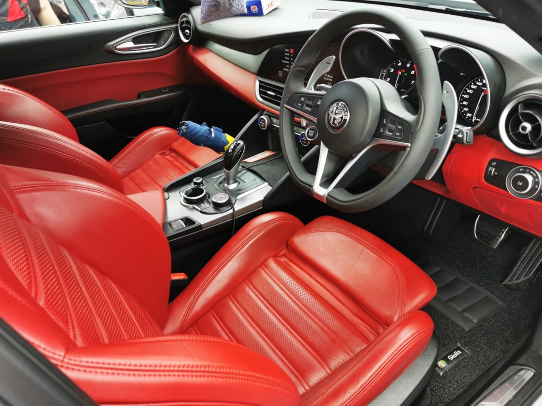 The Alfa Romeo Giulia Veloce parked in the workshop, freshly coated.