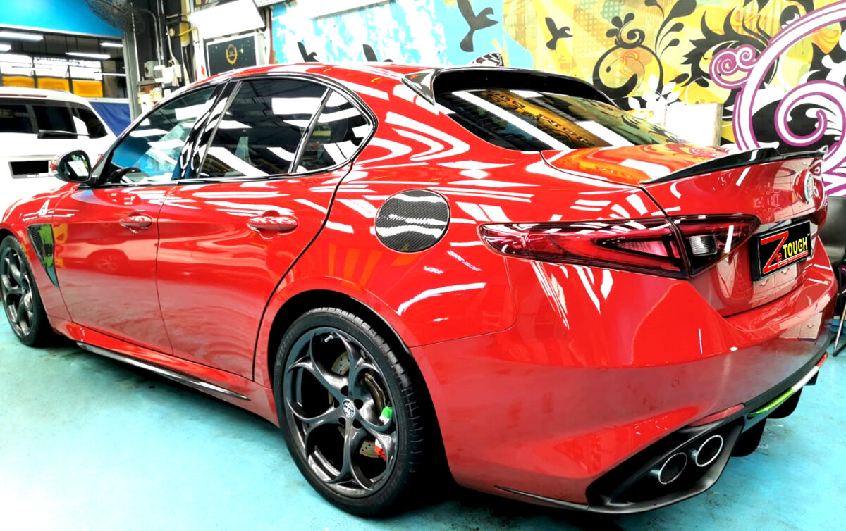 Rear quarter of the Alfa Romeo Giulia, glossy and protected.