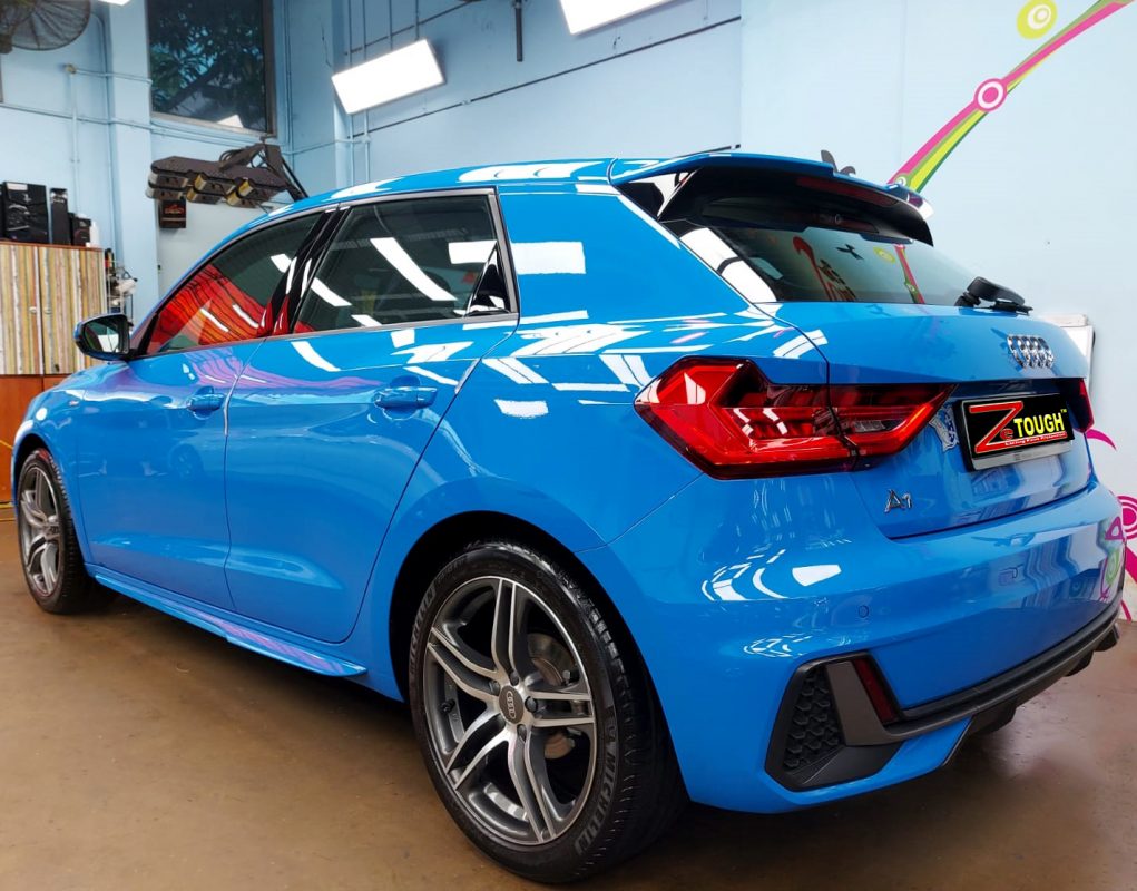 Rear quarter of the Audi A1, glossy and protected.