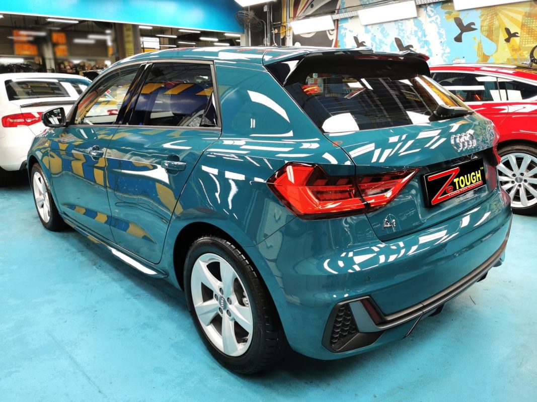 Rear quarter of the Audi A1, glossy and protected.