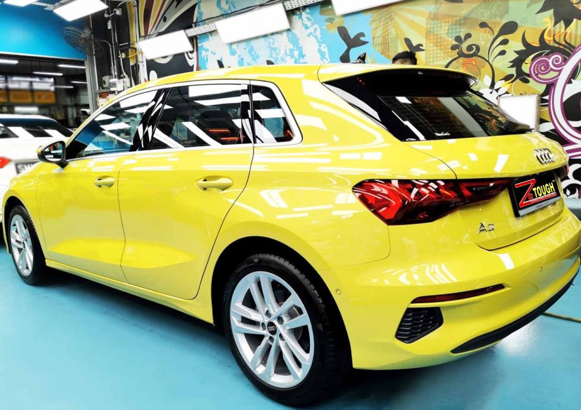 Rear quarter of the Audi A2, glossy and protected.