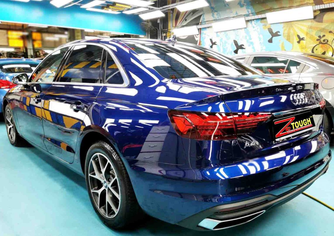 Rear quarter of the Audi A4, glossy and protected.