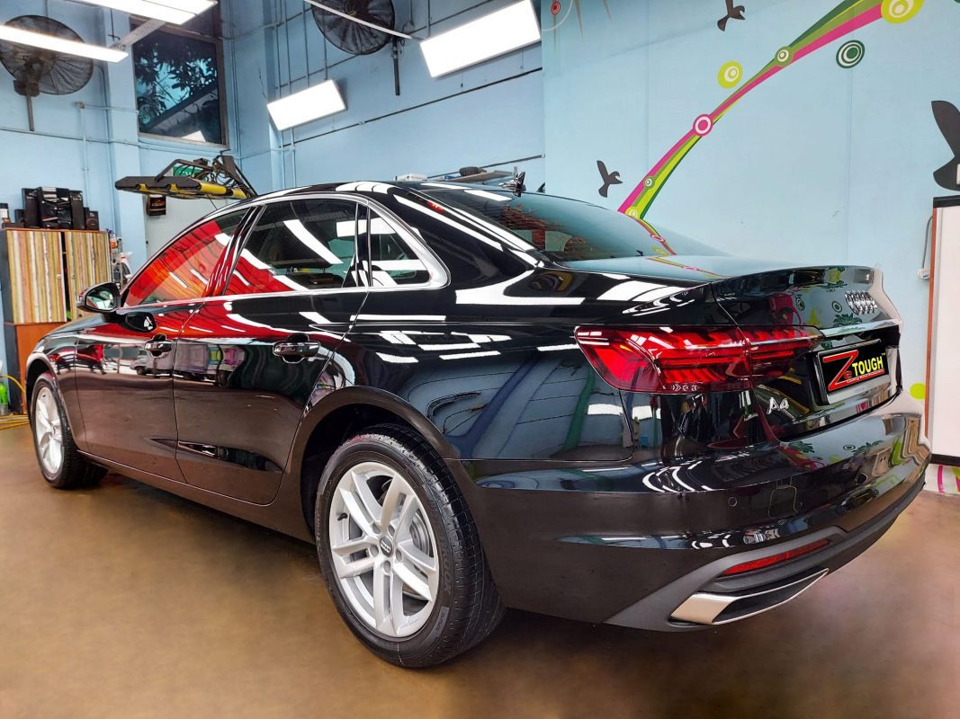 Rear quarter of the Audi A4, glossy and protected.
