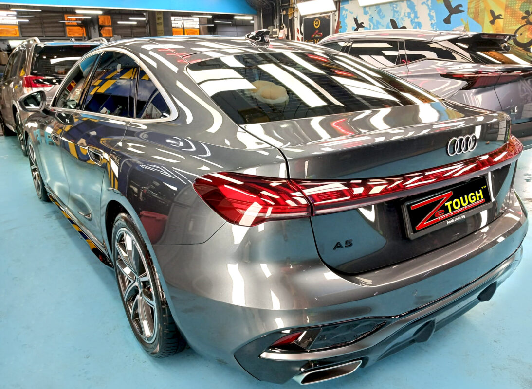 Rear quarter of the Audi A5, glossy and protected.