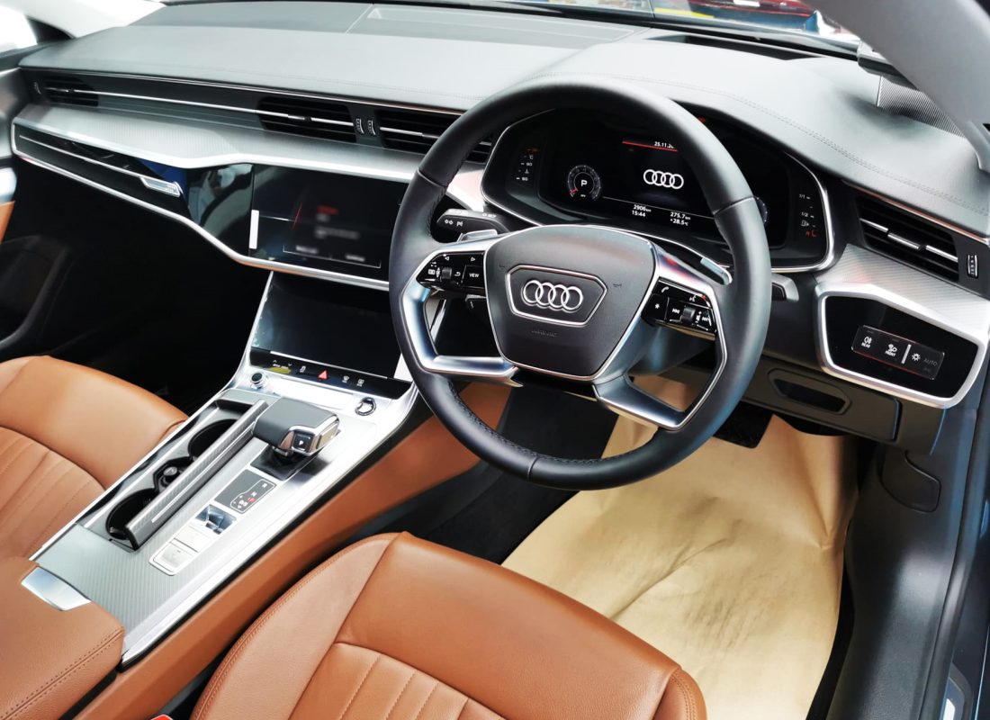 The Audi A7 parked in the workshop, freshly coated.