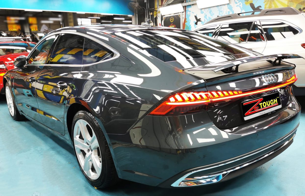 Rear quarter of the Audi A7, glossy and protected.