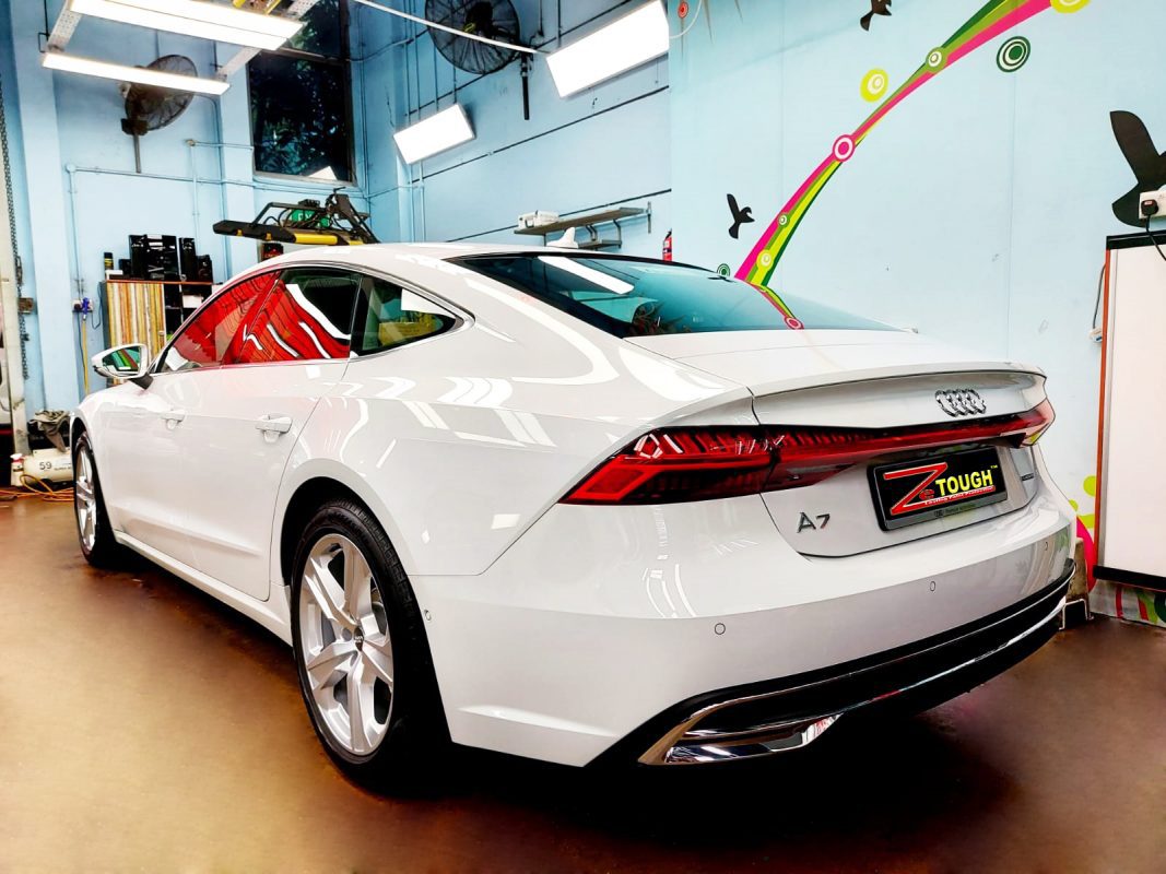 Rear quarter of the Audi A7, glossy and protected.