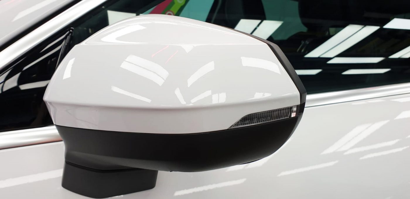 Side panel of the Audi Q3 with the titanium finish locked in.