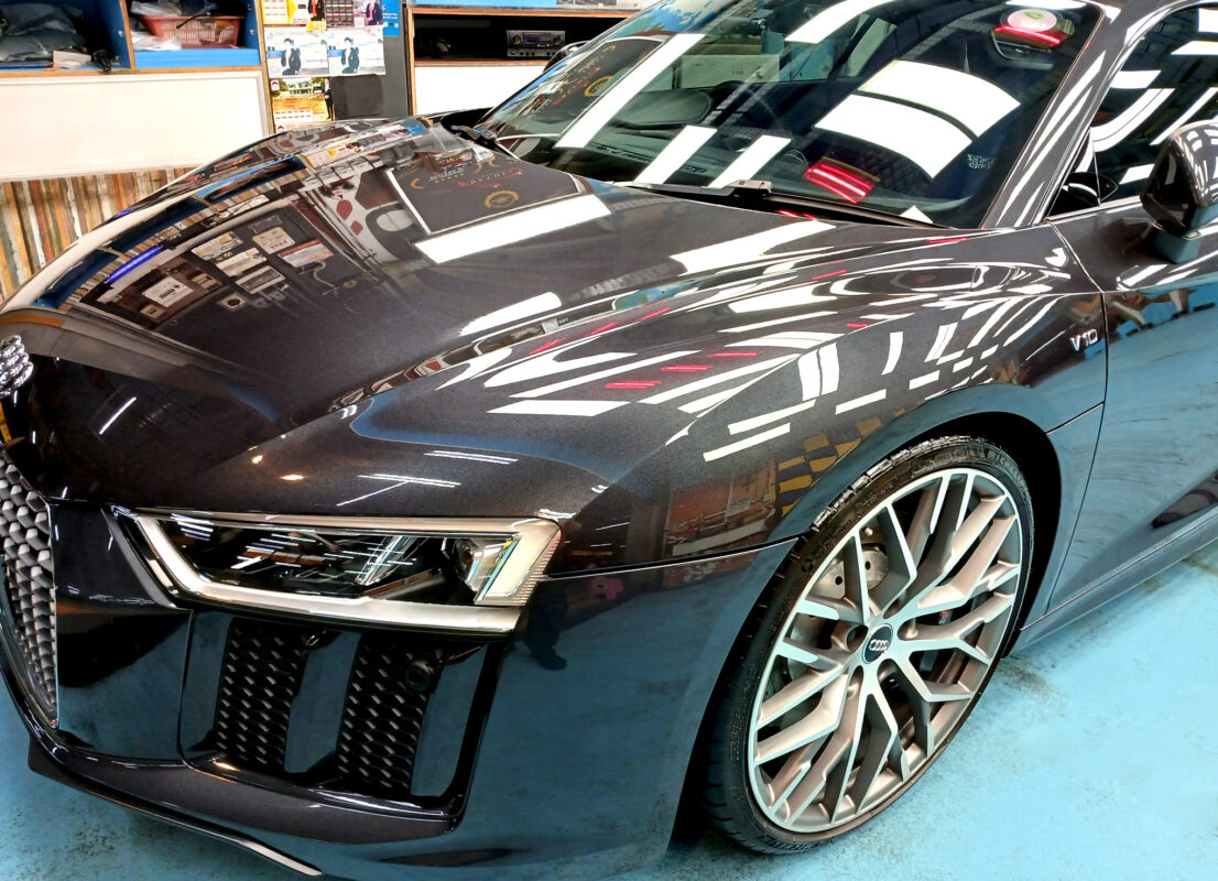 The Audi R8 from a side angle after the ceramic coating.
