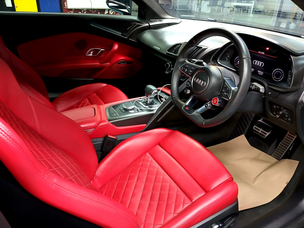 The Audi R8 parked in the workshop, freshly coated.