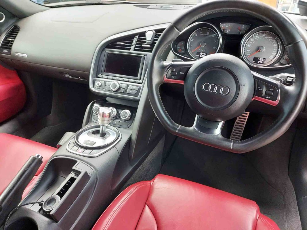 The Audi R8 parked in the workshop, freshly coated.