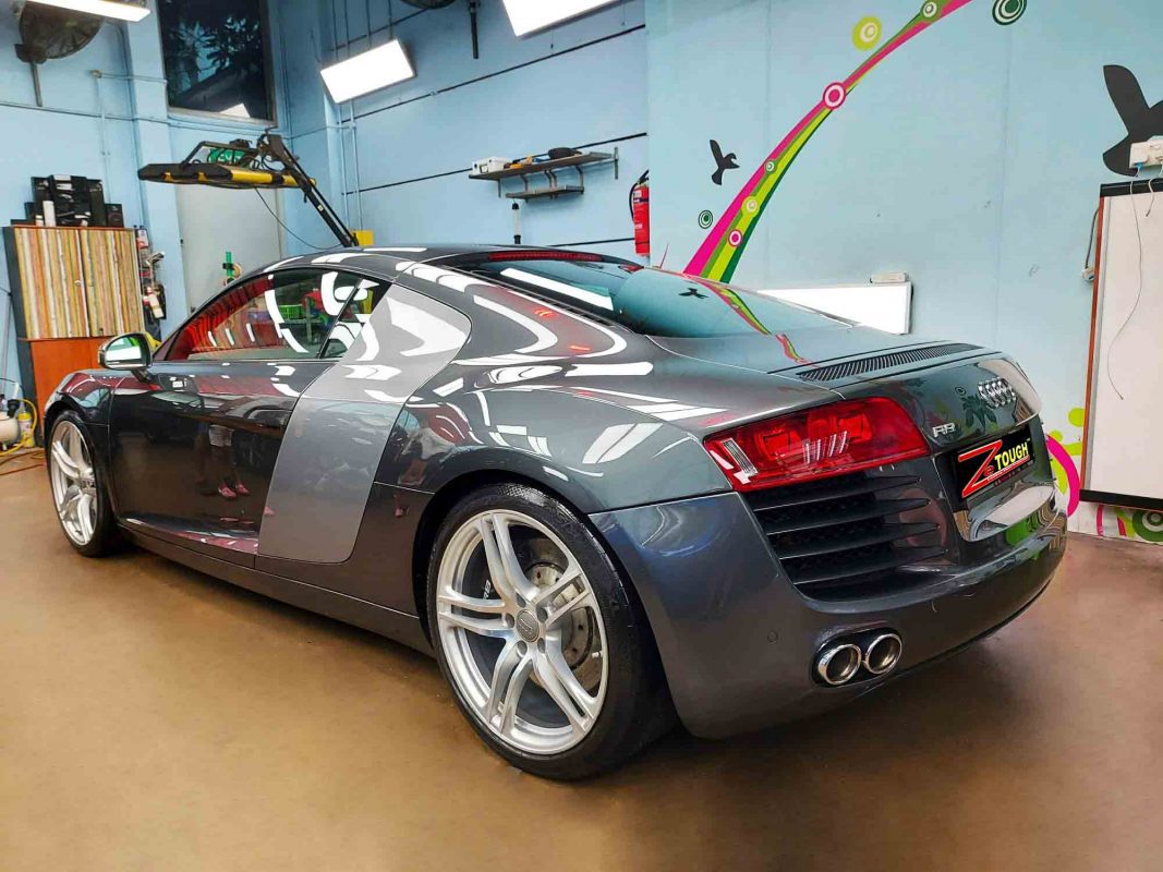 Front three-quarter view of the Audi R8 after coating.