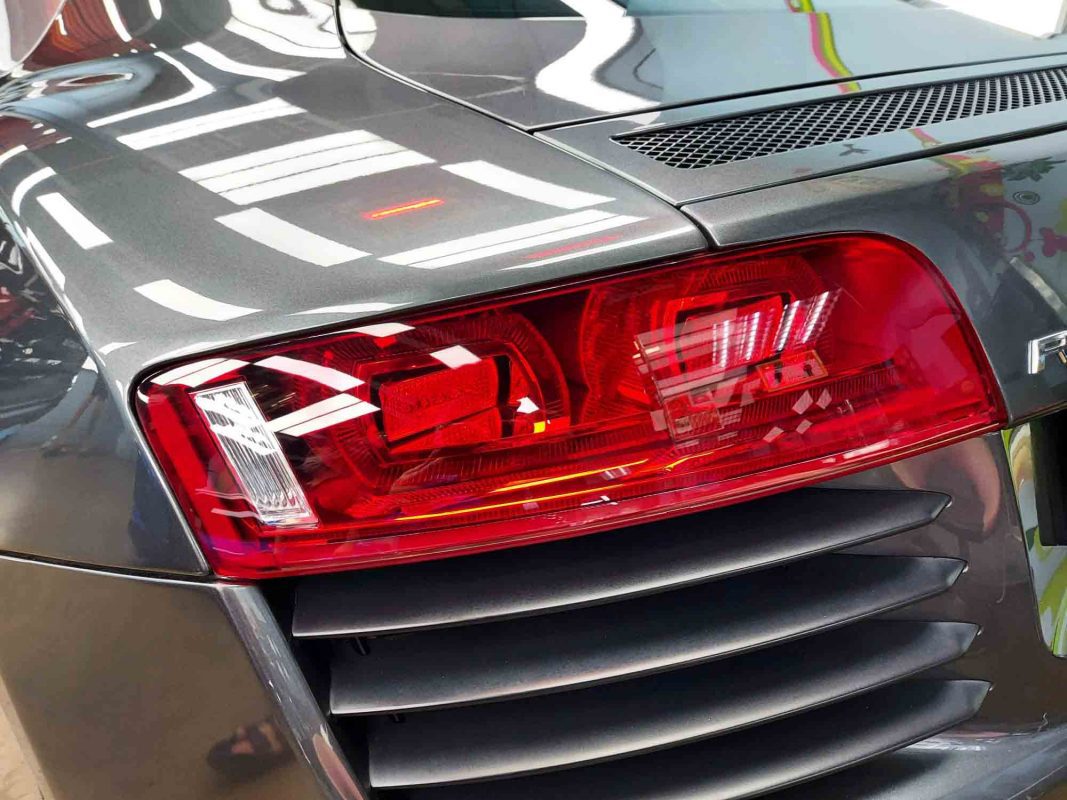 Rear quarter of the Audi R8, glossy and protected.