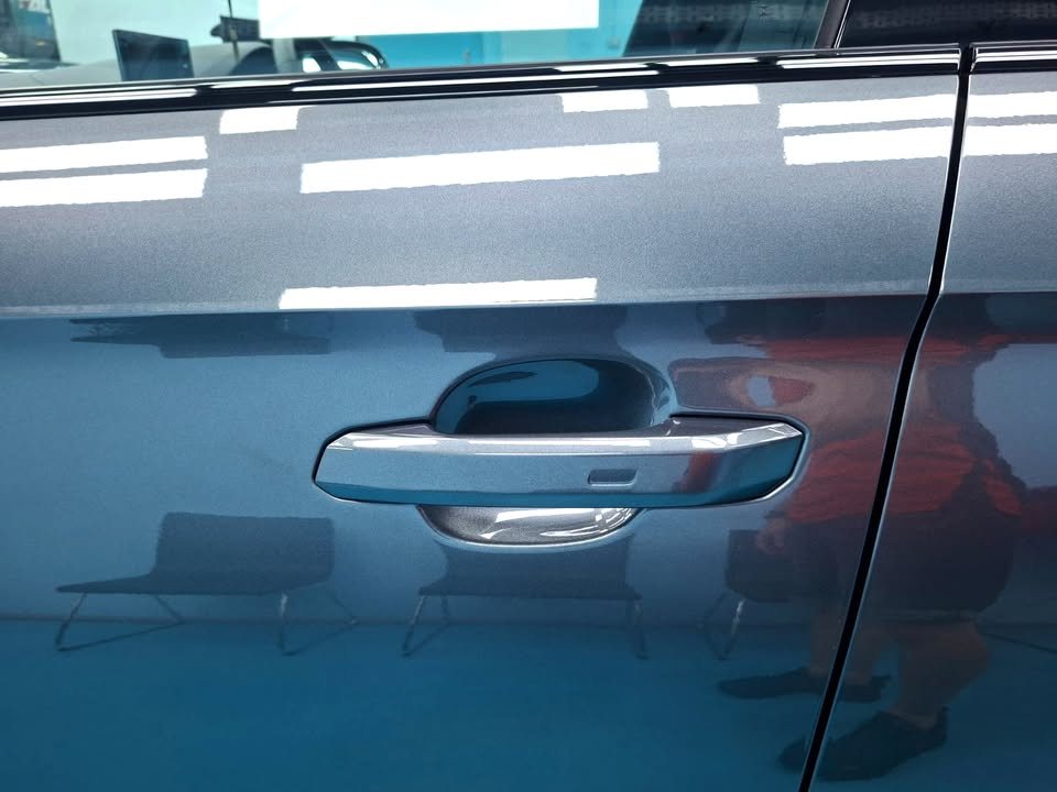 Close-up of the grey door panel and chrome door handle.