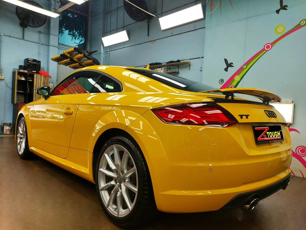 Rear quarter of the Audi TT, glossy and protected.
