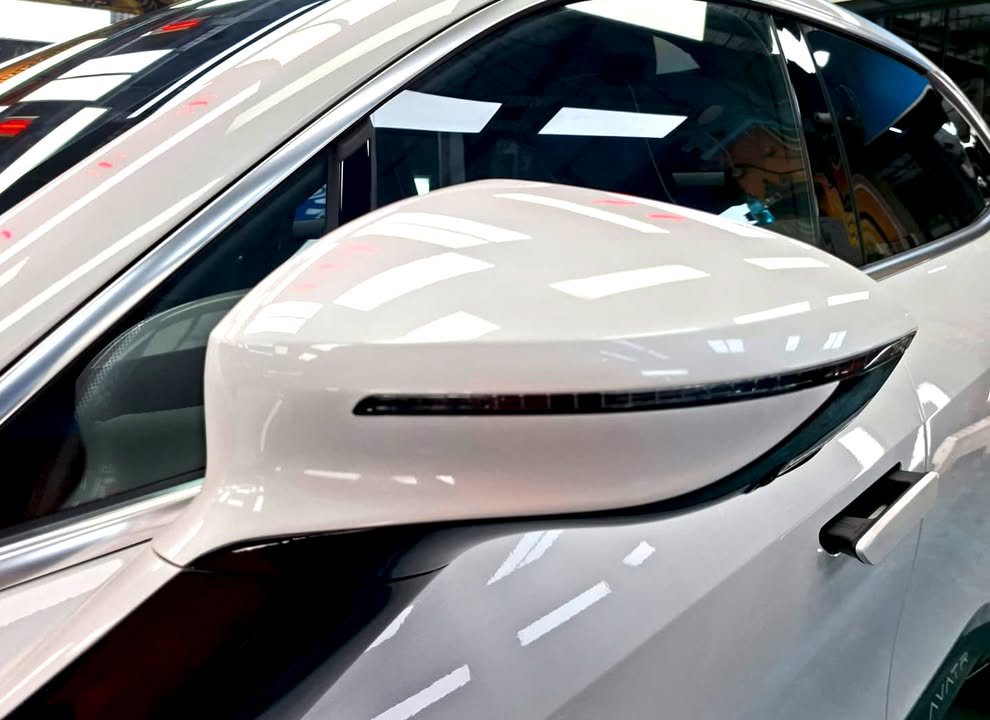 White side mirror cap reflecting the ceiling lights.