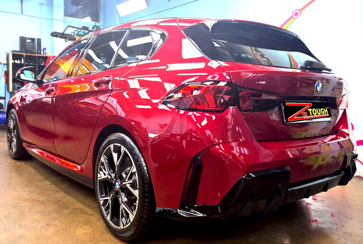 Front three-quarter view of the BMW 1 Series after coating.