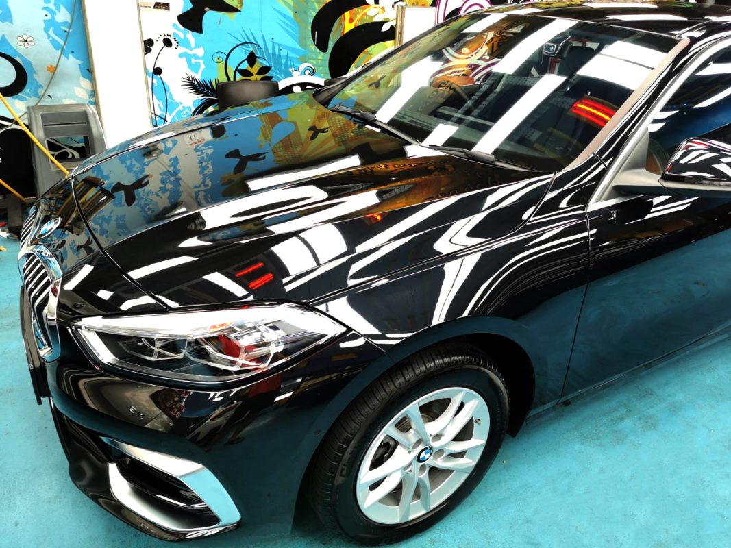 The BMW 116i from a side angle after the titanium coating.