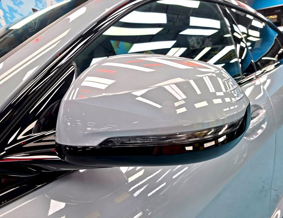 Grey side mirror cap on the 2 Series reflecting the ceiling lights.