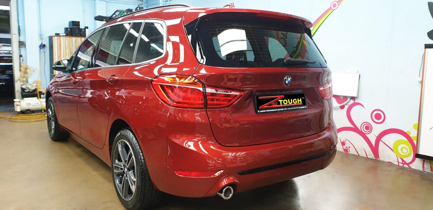 Front three-quarter view of the BMW 216i GT after coating.