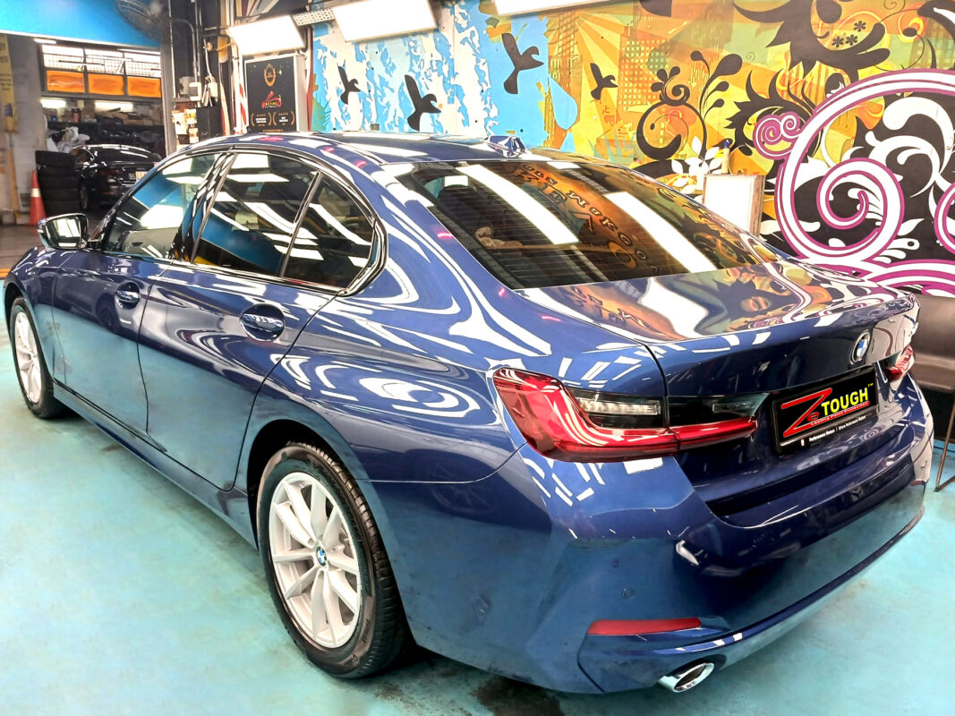 Front three-quarter view of the BMW 3 Series after coating.